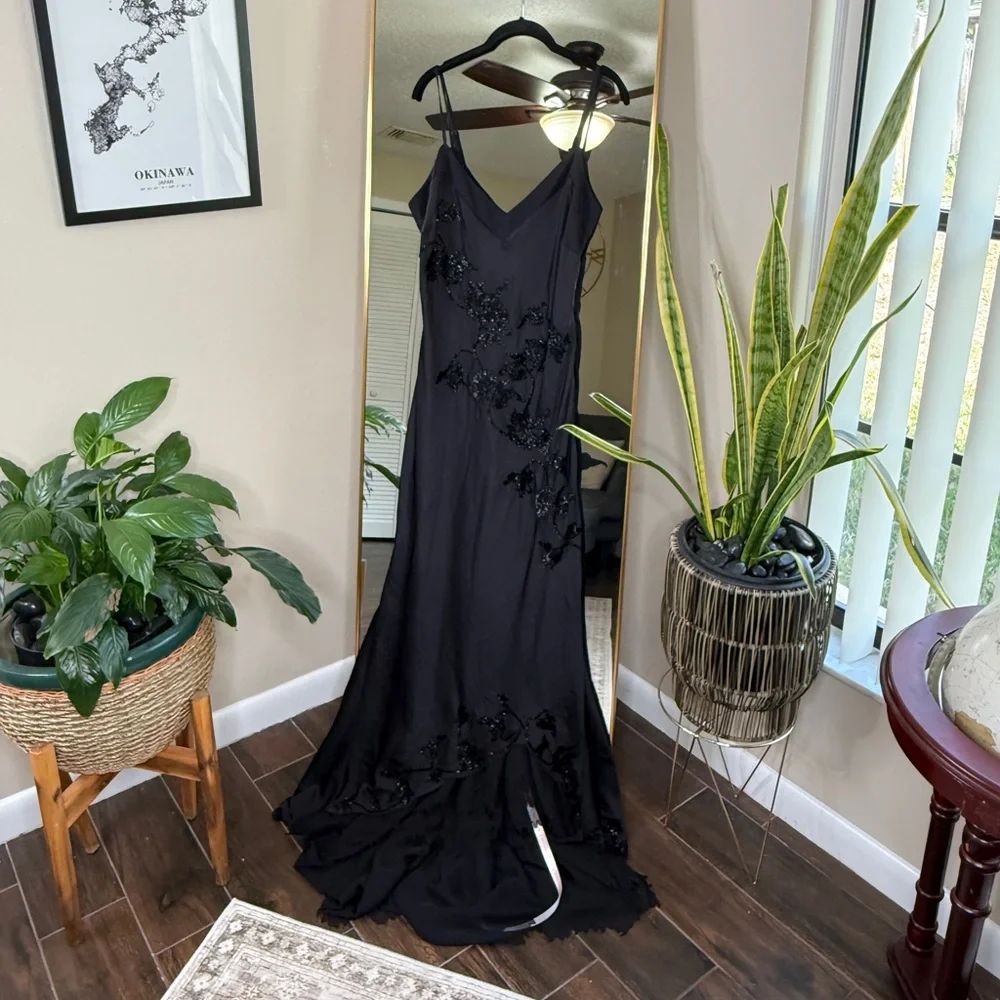 House of CB ANASTELLE Black Hand Beaded Embellished Satin Maxi Dress NWT - Picture 6 of 11
